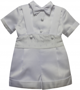 BOYS CHRISTENING JUMPER SUIT W/ SMALL CROSSES ON WAIST